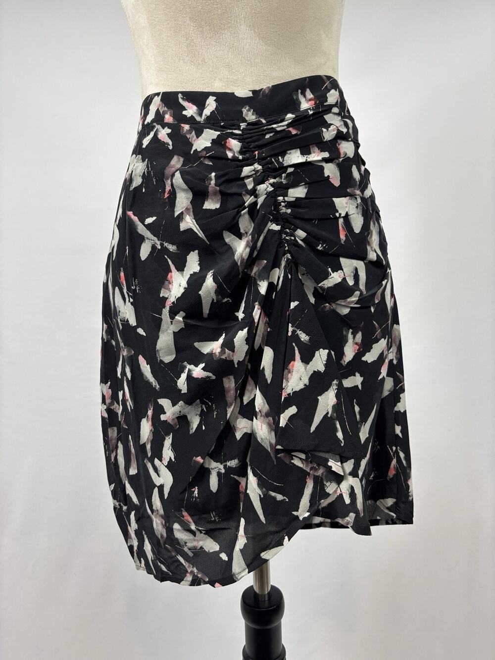 IRO Ciara Mini Skirt Black Print Size 40 US 8 Wrap Ruched Silk Blend Lined